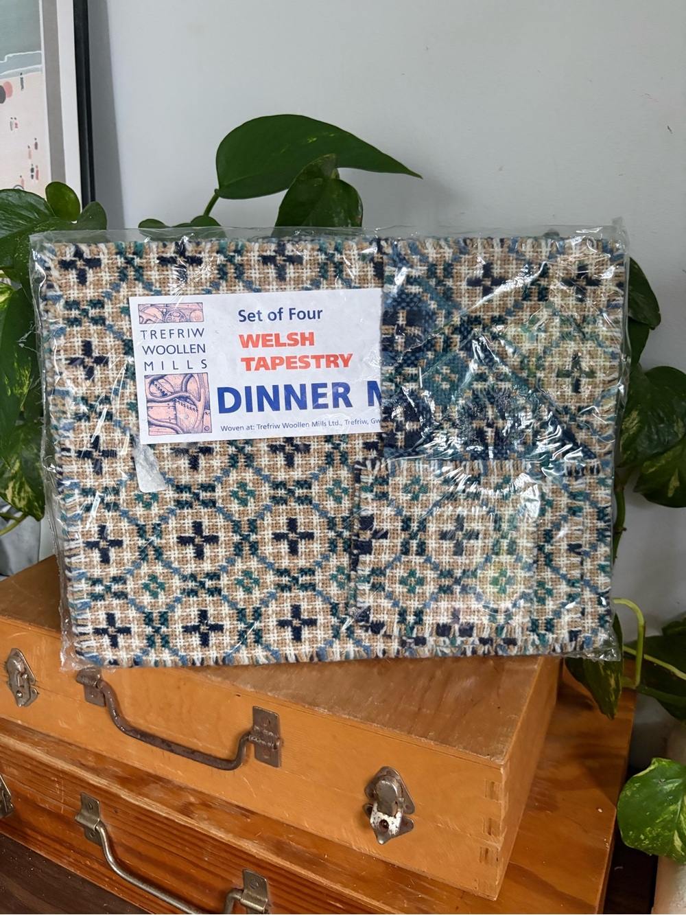 NWT Deadstock Vintage Blue & Cream Welsh Tapestry Dinner Mats - Set of 4